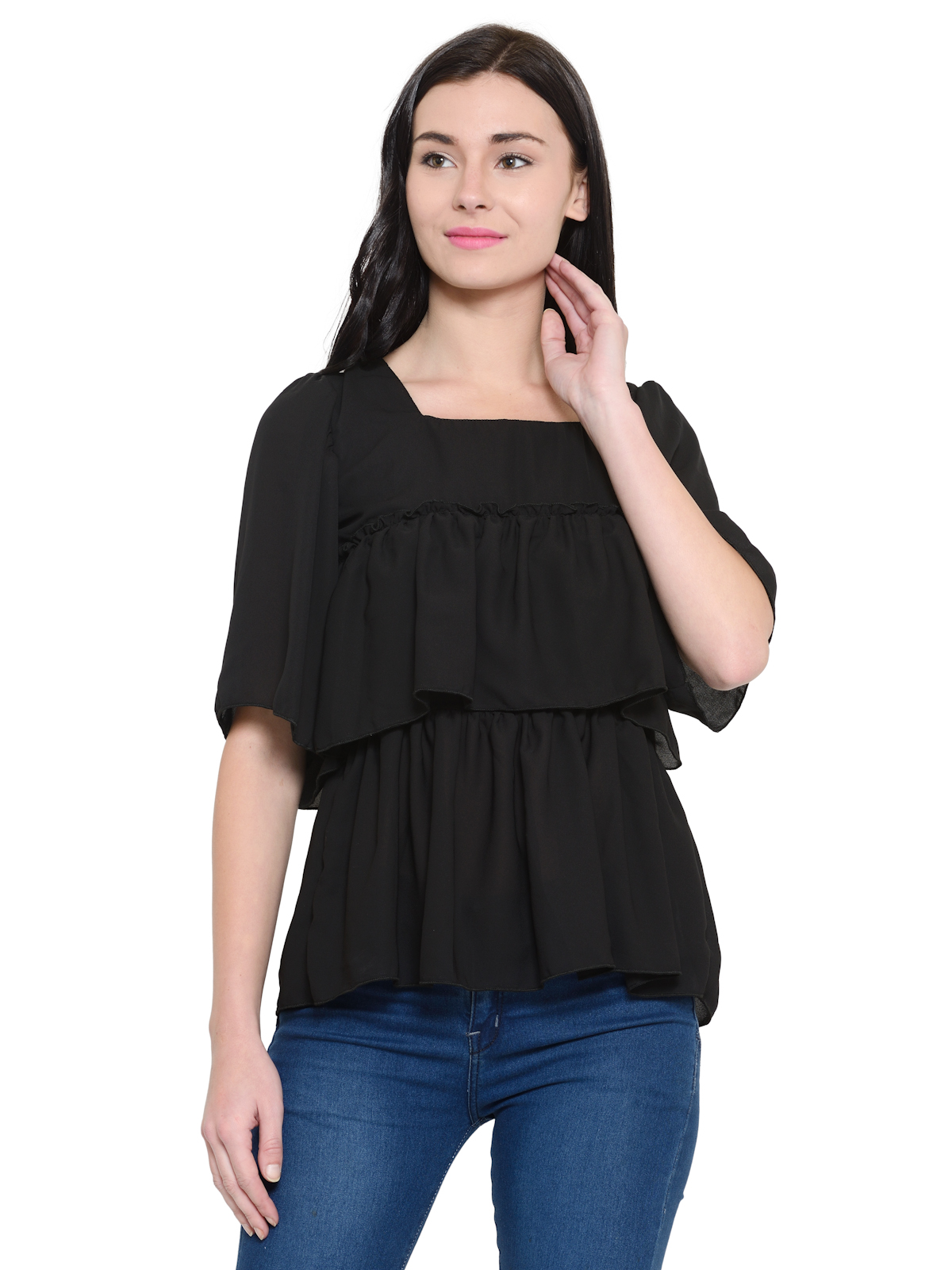 Square neck short sleeves ruffle top